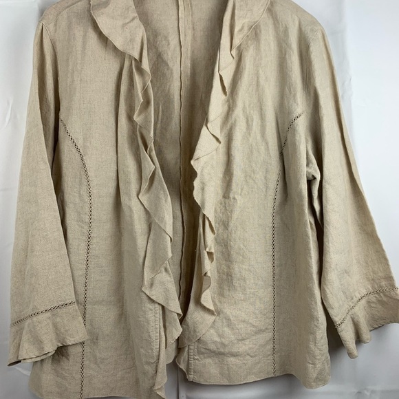 Chicos Womens Ruffed Front Cardigan 100% Linen Beige Color Size 3/16/L - Picture 1 of 11